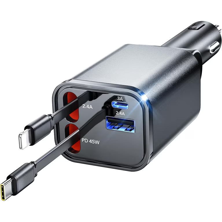 VoltRush™ 4-in-1 Retractable Car Charger – Fast Power, Zero Clutter