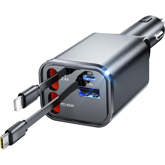 VoltRush™ 4-in-1 Retractable Car Charger – Fast Power, Zero Clutter