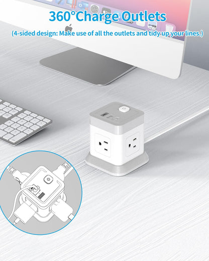 Power Bar with USB,  Flat Plug Extension Cord with 4 Outlets and 3 USB Ports, 5 FT Power Cord Desktop Charging Station, Overload Protection, Compact Portable for Travel Home Office Cruise Ship