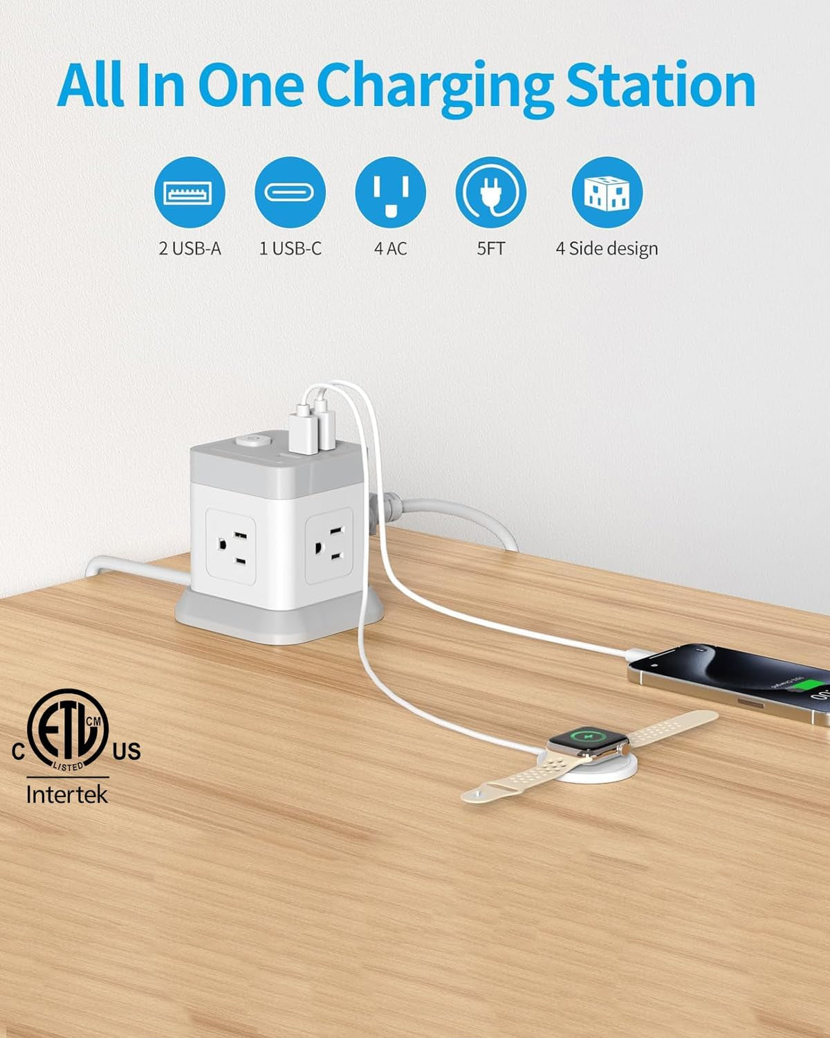 Power Bar with USB,  Flat Plug Extension Cord with 4 Outlets and 3 USB Ports, 5 FT Power Cord Desktop Charging Station, Overload Protection, Compact Portable for Travel Home Office Cruise Ship