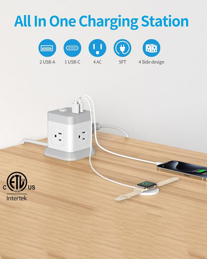 Power Bar with USB,  Flat Plug Extension Cord with 4 Outlets and 3 USB Ports, 5 FT Power Cord Desktop Charging Station, Overload Protection, Compact Portable for Travel Home Office Cruise Ship